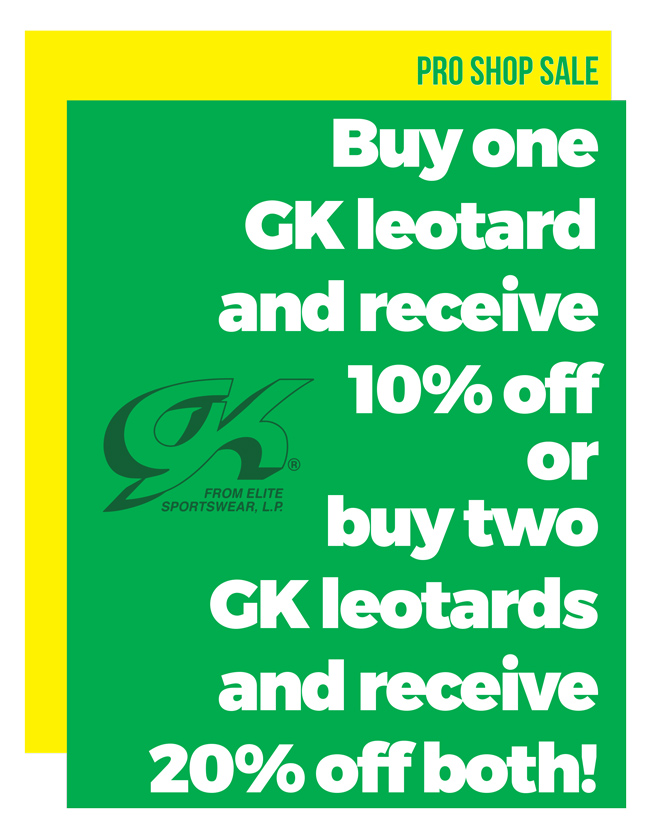 Buy one GK leotard and receive 10% off or buy two GK leotards and receive 20% off both!