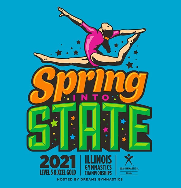 Logo for the Spring into State 2021 Level 5 & Xcel Gold Illinois Gymnastics Championships